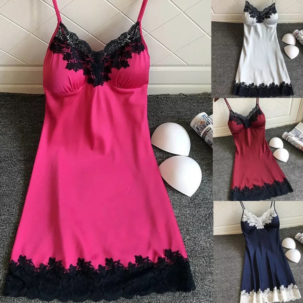 NWT L hot pink satin babydoll nightdress sleep fuscia slip with pads mini length